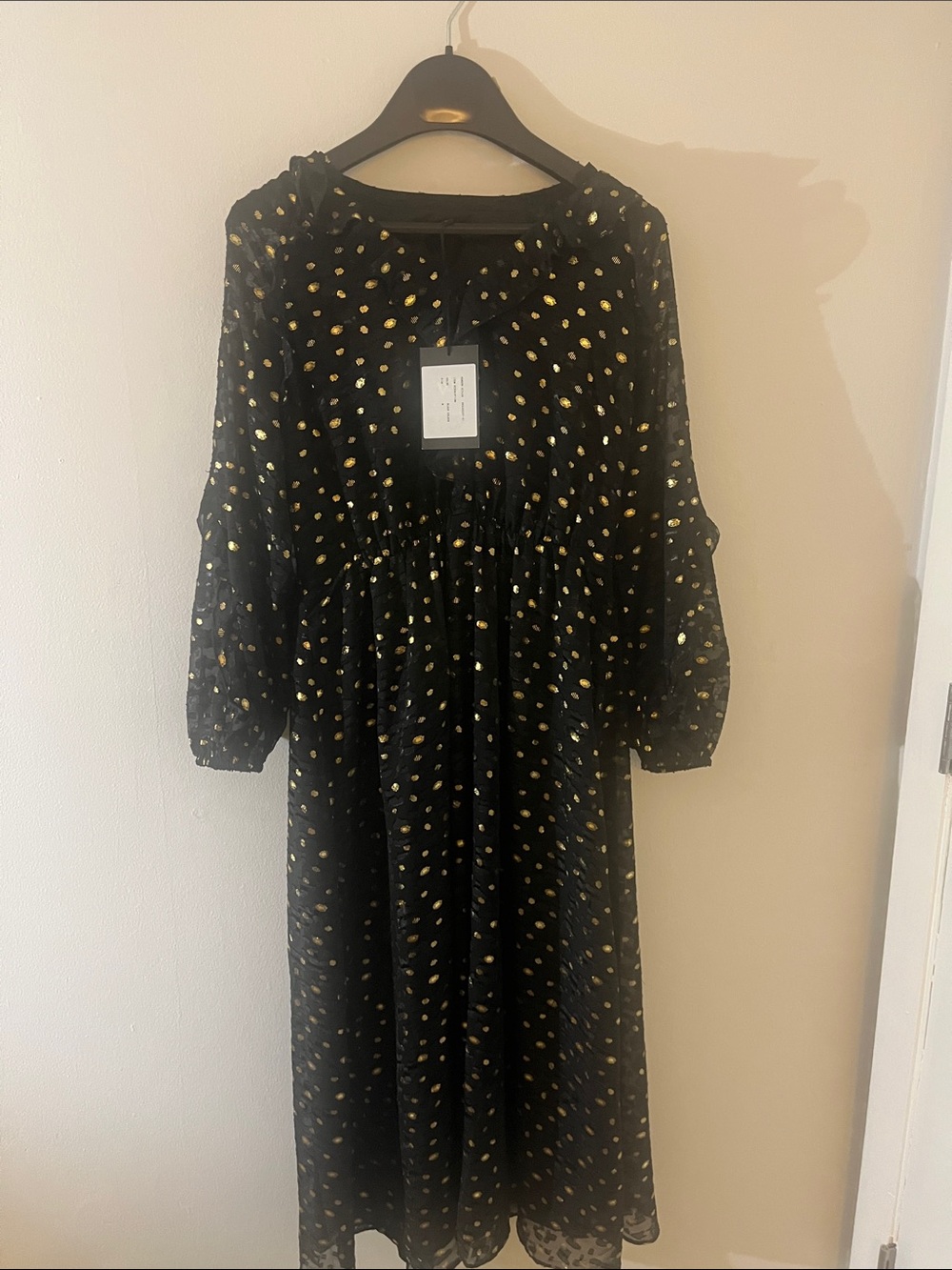 Black Maxi Dress with Gold Dot Accents by